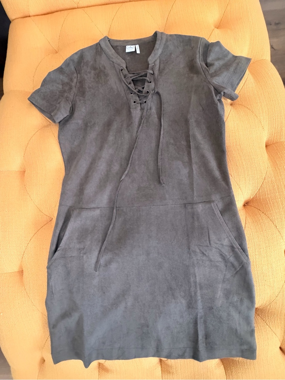 Lace-Up Suede-Look Short Sleeve Mini Dress - Green